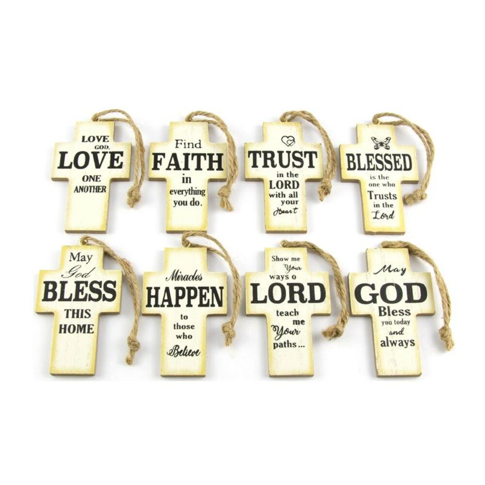 Religious Inspirational Words Farmhouse Style Cross Ornament 8 PC Set